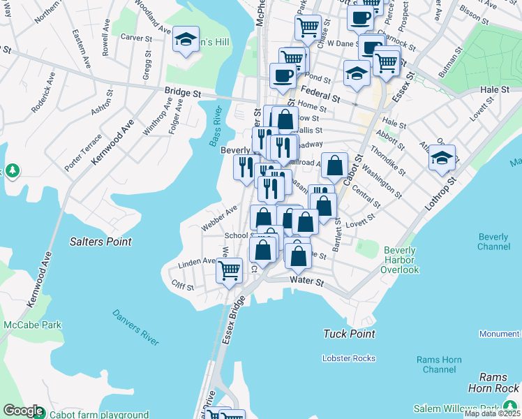 map of restaurants, bars, coffee shops, grocery stores, and more near 60 Rantoul Street in Beverly