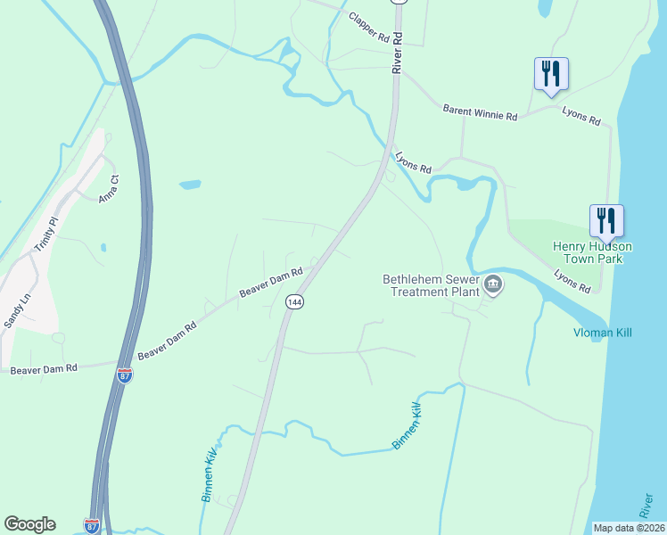 map of restaurants, bars, coffee shops, grocery stores, and more near 1136 River Road in Selkirk
