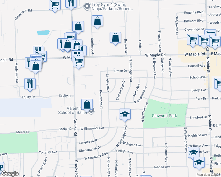 map of restaurants, bars, coffee shops, grocery stores, and more near 1260 Langley Boulevard in Clawson
