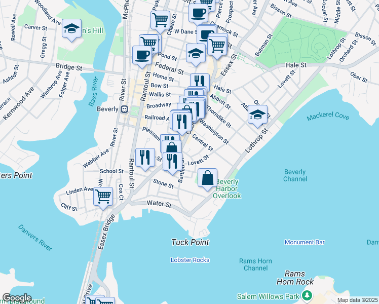 map of restaurants, bars, coffee shops, grocery stores, and more near 13 Central Court in Beverly