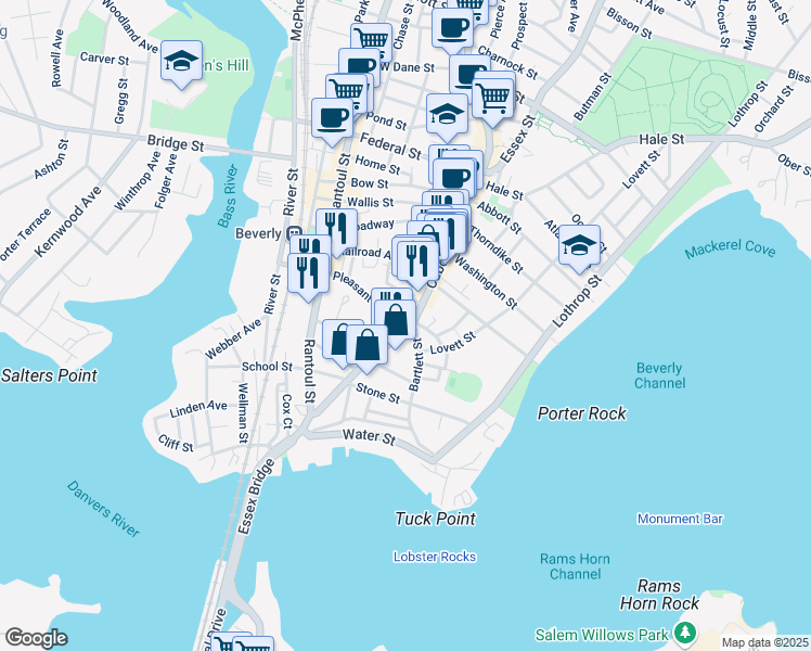 map of restaurants, bars, coffee shops, grocery stores, and more near 83 Cabot Street in Beverly