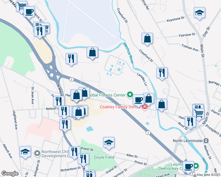 map of restaurants, bars, coffee shops, grocery stores, and more near 54 Colbert Street in Leominster