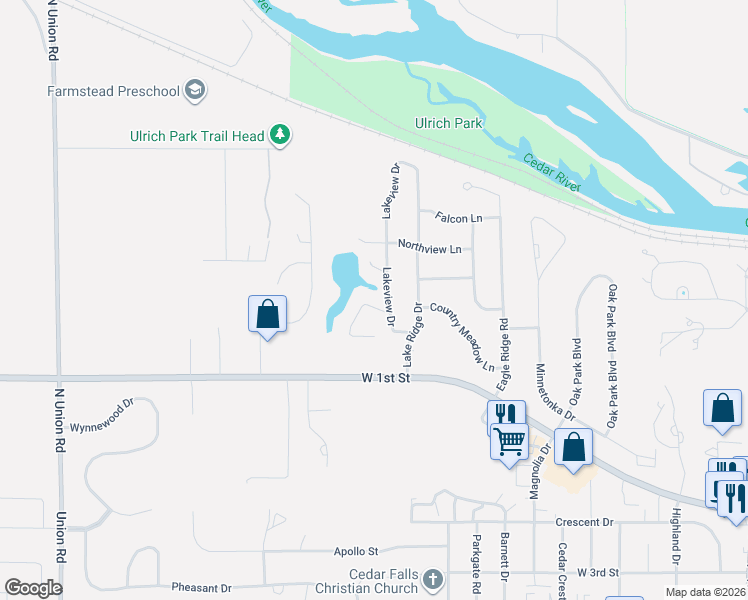 map of restaurants, bars, coffee shops, grocery stores, and more near 815 Lakeview Dr in Cedar Falls