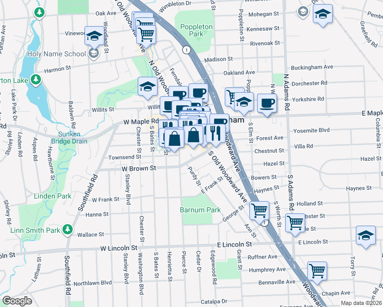 map of restaurants, bars, coffee shops, grocery stores, and more near in Birmingham