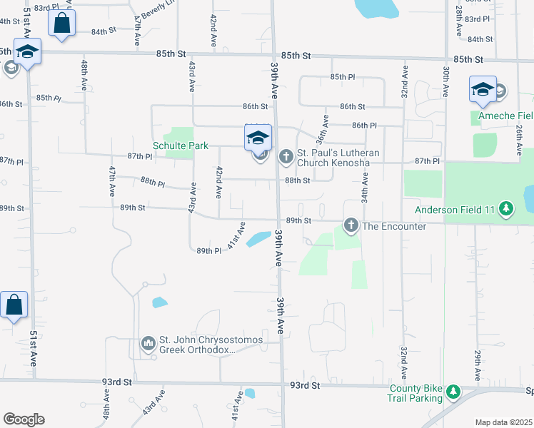 map of restaurants, bars, coffee shops, grocery stores, and more near 8850 39th Avenue in Kenosha