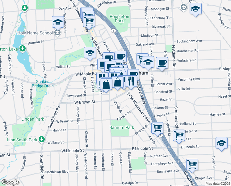 map of restaurants, bars, coffee shops, grocery stores, and more near 252 East Brown Street in Birmingham