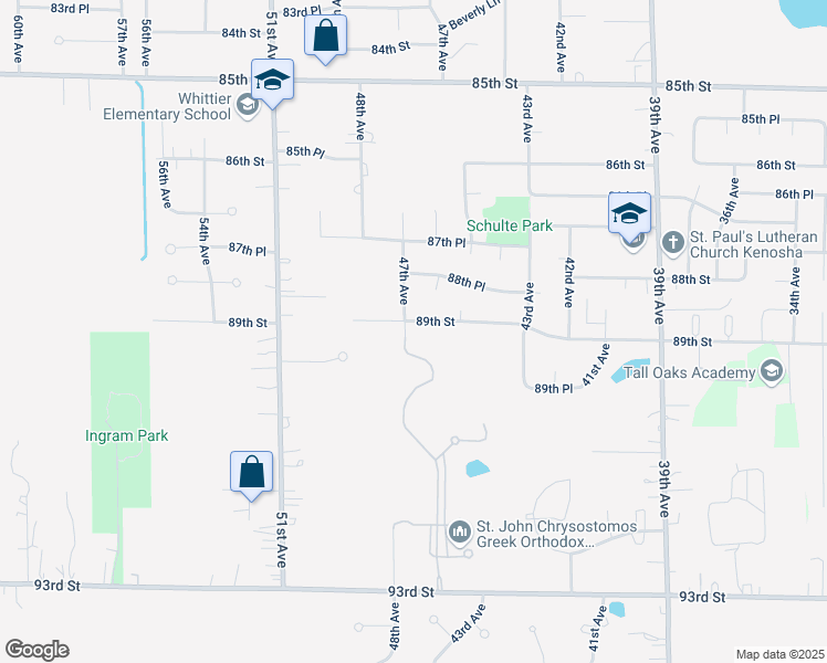 map of restaurants, bars, coffee shops, grocery stores, and more near 4623 89th Street in Kenosha