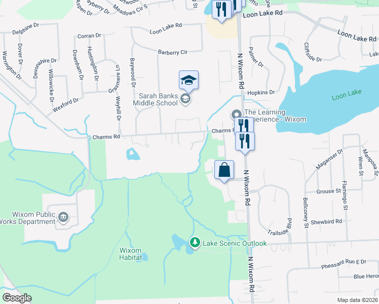 map of restaurants, bars, coffee shops, grocery stores, and more near 1719 Charms Road in Wixom