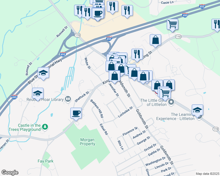 map of restaurants, bars, coffee shops, grocery stores, and more near 17 Jennifer Street in Littleton