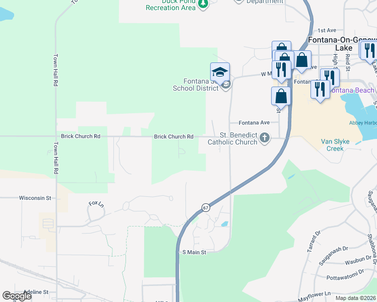 map of restaurants, bars, coffee shops, grocery stores, and more near N1474 Fontana Ridge Road in Fontana-on-Geneva Lake