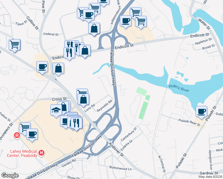 map of restaurants, bars, coffee shops, grocery stores, and more near 15 Tammie Lane in Peabody