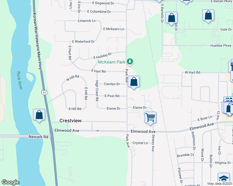 map of restaurants, bars, coffee shops, grocery stores, and more near 865 East Post Road in Beloit
