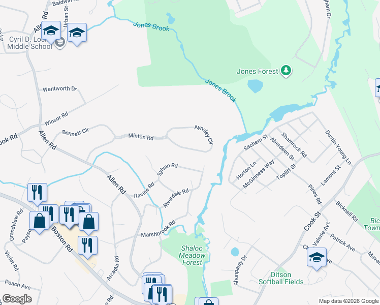 map of restaurants, bars, coffee shops, grocery stores, and more near 7 Aynsley Circle in Billerica