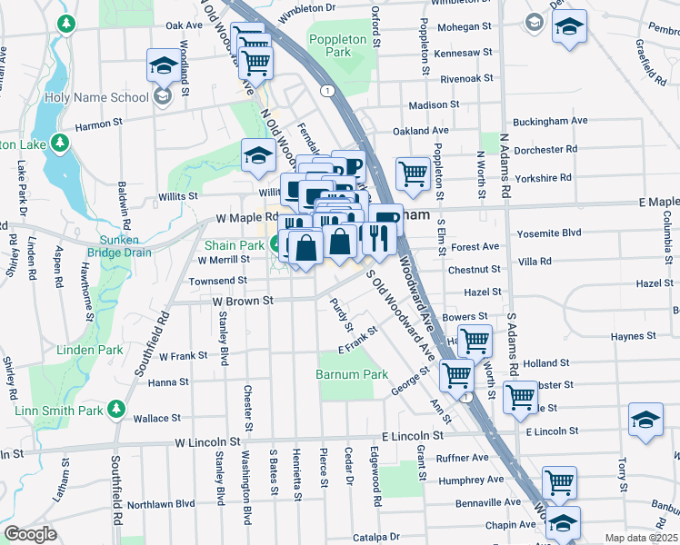 map of restaurants, bars, coffee shops, grocery stores, and more near 252 East Brown Street in Birmingham
