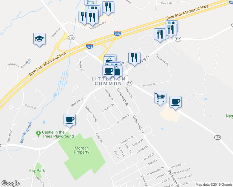 map of restaurants, bars, coffee shops, grocery stores, and more near 23 Goldsmith Street in Littleton