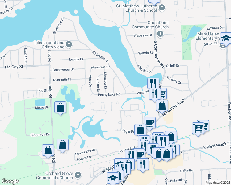 map of restaurants, bars, coffee shops, grocery stores, and more near 358 Penny Lake Road in Commerce Charter Township