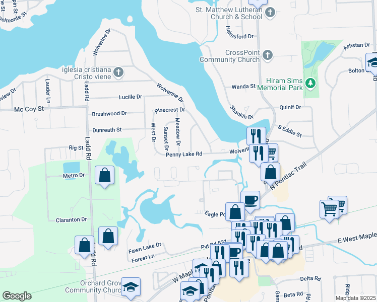 map of restaurants, bars, coffee shops, grocery stores, and more near 358 Penny Lake Road in Commerce Charter Township