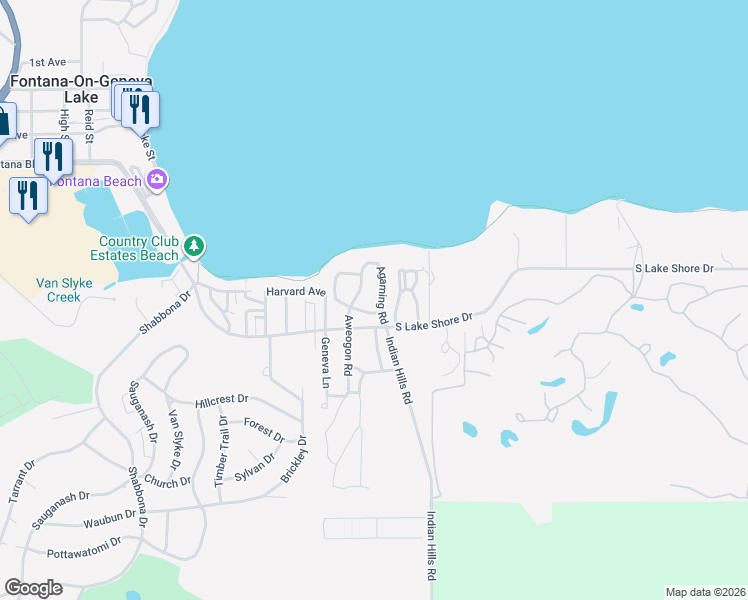 map of restaurants, bars, coffee shops, grocery stores, and more near 542 Akwenasa Way in Fontana-on-Geneva Lake