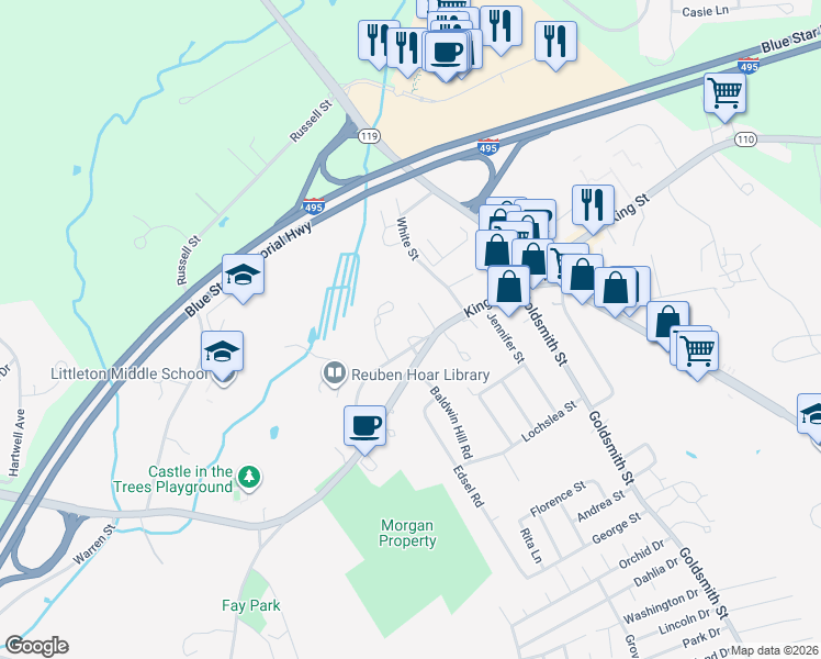 map of restaurants, bars, coffee shops, grocery stores, and more near 9 Shattuck Street in Littleton