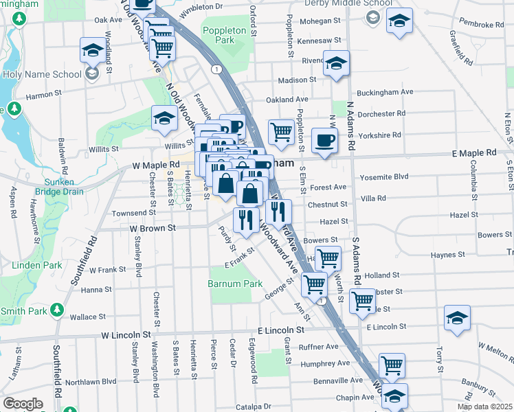map of restaurants, bars, coffee shops, grocery stores, and more near 353 South Old Woodward Avenue in Birmingham