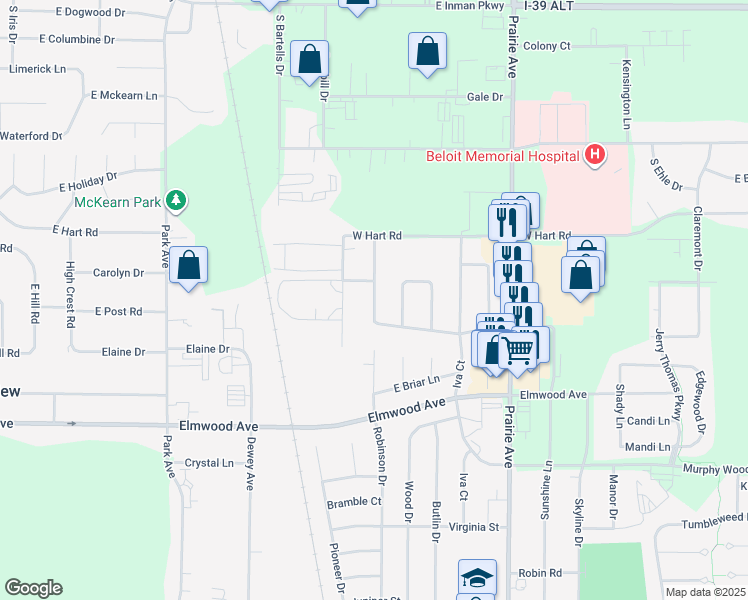 map of restaurants, bars, coffee shops, grocery stores, and more near 2712 Robinson Drive in Beloit