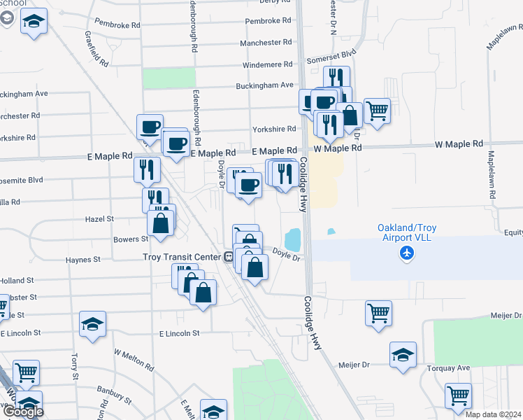 map of restaurants, bars, coffee shops, grocery stores, and more near 1301 Coolidge Highway in Troy