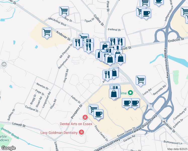 map of restaurants, bars, coffee shops, grocery stores, and more near 1 Avalon Drive in Peabody