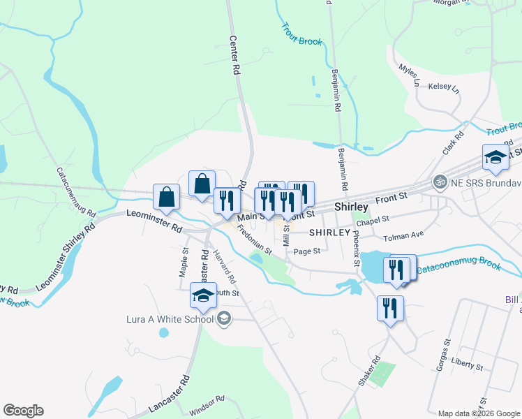 map of restaurants, bars, coffee shops, grocery stores, and more near 25 Main Street in Shirley