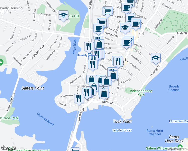map of restaurants, bars, coffee shops, grocery stores, and more near 76 Rantoul Street in Beverly