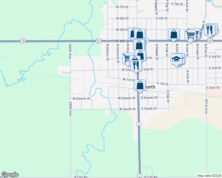 map of restaurants, bars, coffee shops, grocery stores, and more near 219 South Wilson Street in Ainsworth