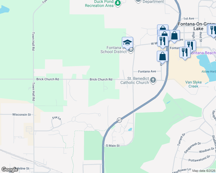 map of restaurants, bars, coffee shops, grocery stores, and more near N1474 Fontana Ridge Road in Fontana-on-Geneva Lake