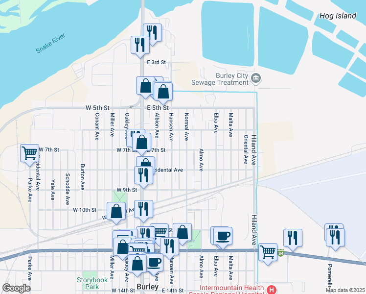 map of restaurants, bars, coffee shops, grocery stores, and more near 701 Hansen Avenue in Burley