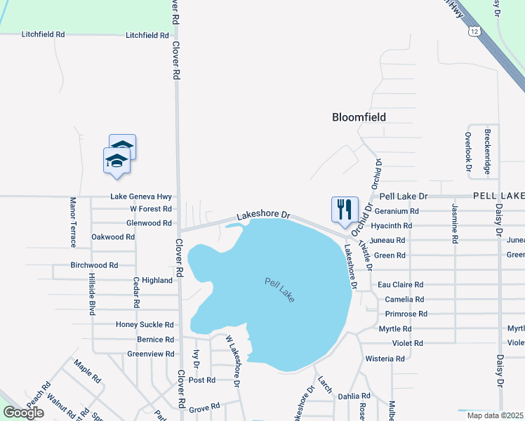 map of restaurants, bars, coffee shops, grocery stores, and more near 1188 Lakeshore Drive in Genoa City