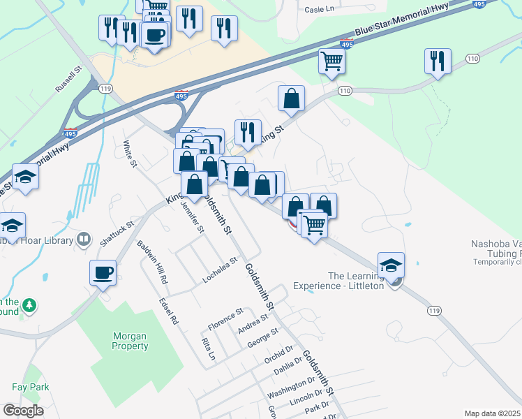 map of restaurants, bars, coffee shops, grocery stores, and more near 18 Adams Street in Littleton