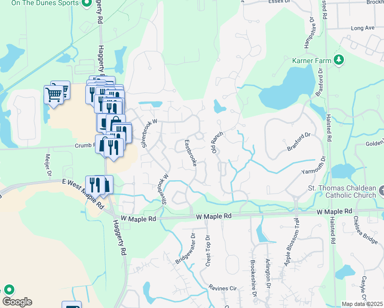 map of restaurants, bars, coffee shops, grocery stores, and more near 6225-6301 Eastbrooke in West Bloomfield Township