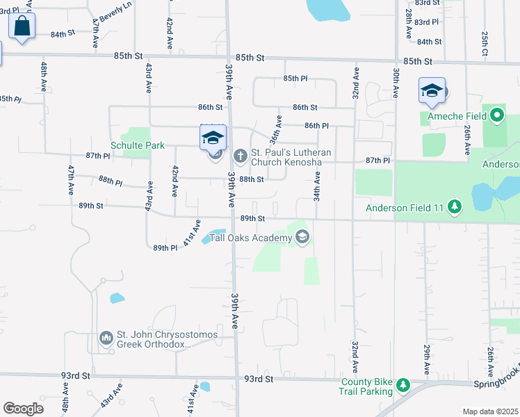 map of restaurants, bars, coffee shops, grocery stores, and more near 3825 89th Street in Kenosha