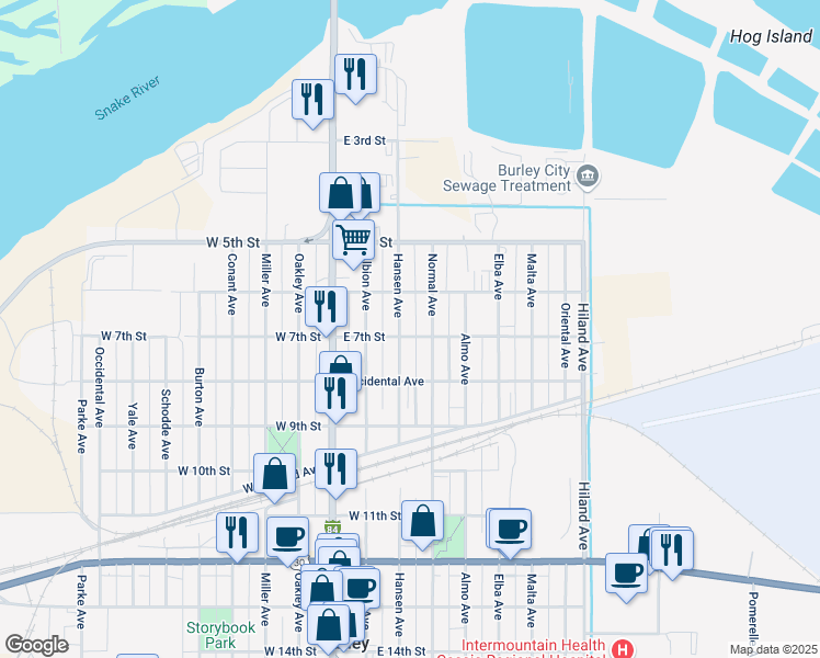 map of restaurants, bars, coffee shops, grocery stores, and more near 701 Hansen Avenue in Burley