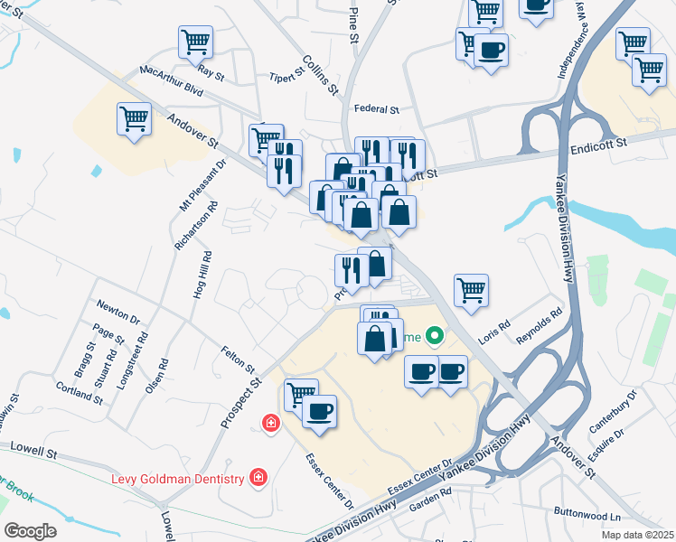 map of restaurants, bars, coffee shops, grocery stores, and more near 68 Prospect Street in Peabody
