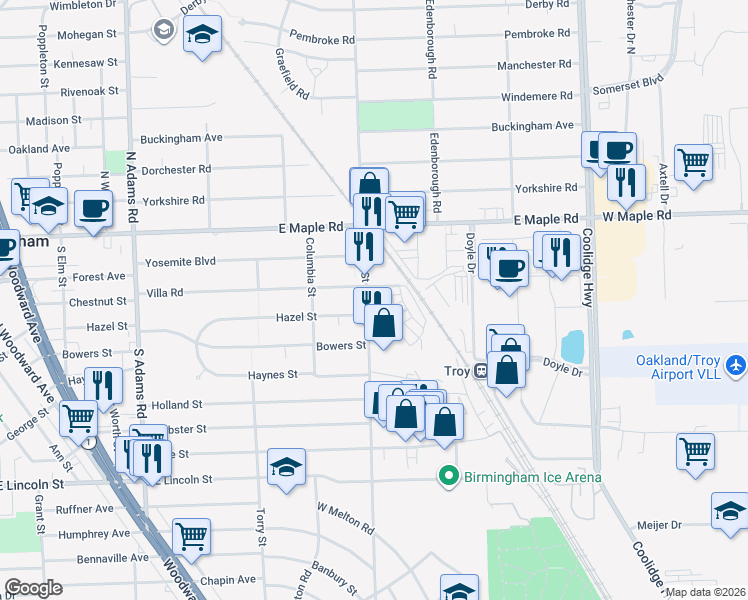 map of restaurants, bars, coffee shops, grocery stores, and more near 1999 Hazel Street in Birmingham