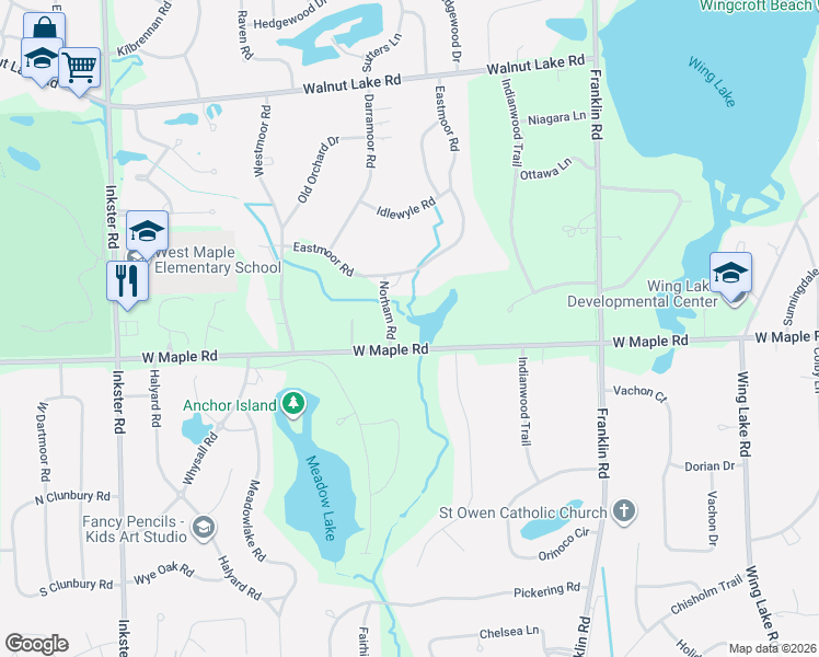 map of restaurants, bars, coffee shops, grocery stores, and more near 6455 Norham Road in Bloomfield Hills