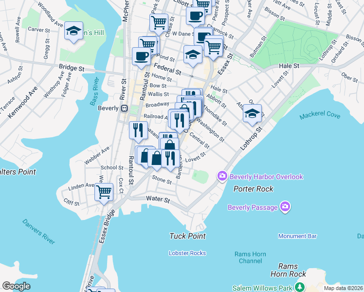 map of restaurants, bars, coffee shops, grocery stores, and more near 83 Cabot Street in Beverly