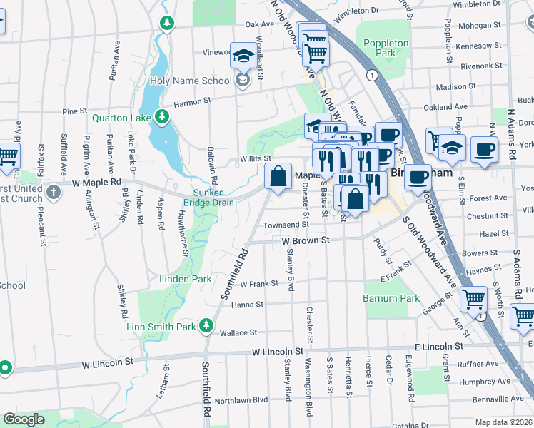 map of restaurants, bars, coffee shops, grocery stores, and more near 542 Townsend Street in Birmingham