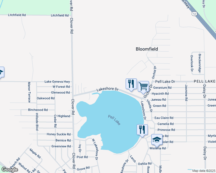 map of restaurants, bars, coffee shops, grocery stores, and more near 1188 Lakeshore Drive in Genoa City