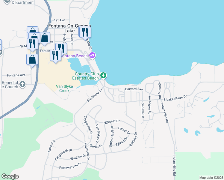 map of restaurants, bars, coffee shops, grocery stores, and more near 647 Walworth Avenue in Fontana-on-Geneva Lake