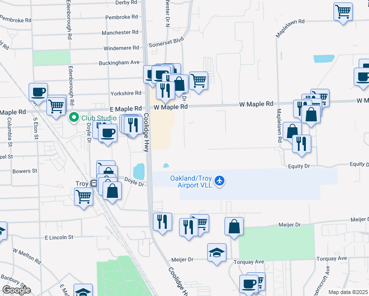 map of restaurants, bars, coffee shops, grocery stores, and more near 1200 Axtell Drive in Troy