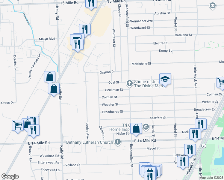 map of restaurants, bars, coffee shops, grocery stores, and more near 19510 Heckman Street in Charter Township of Clinton