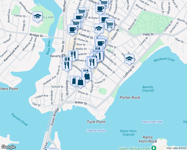map of restaurants, bars, coffee shops, grocery stores, and more near 83 Cabot Street in Beverly