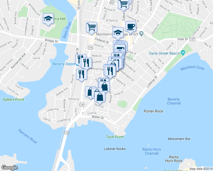 map of restaurants, bars, coffee shops, grocery stores, and more near 83 Cabot Street in Beverly