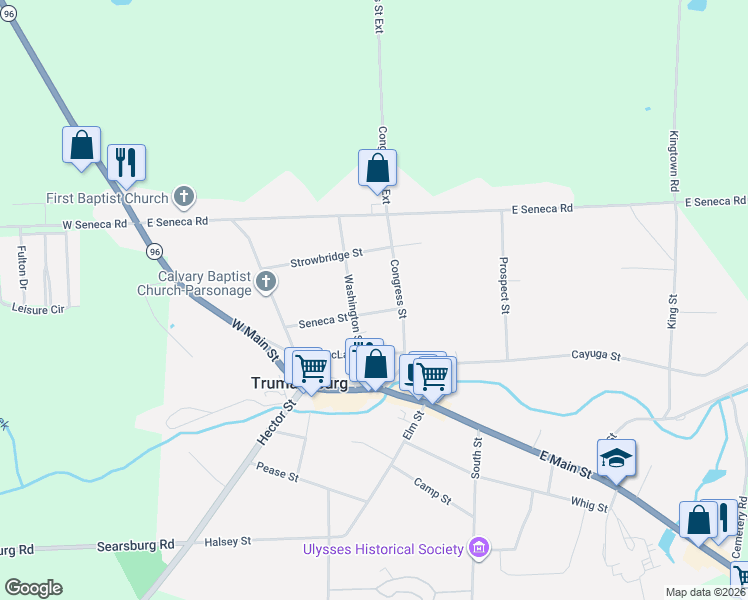 map of restaurants, bars, coffee shops, grocery stores, and more near 8-16 Seneca St in Trumansburg