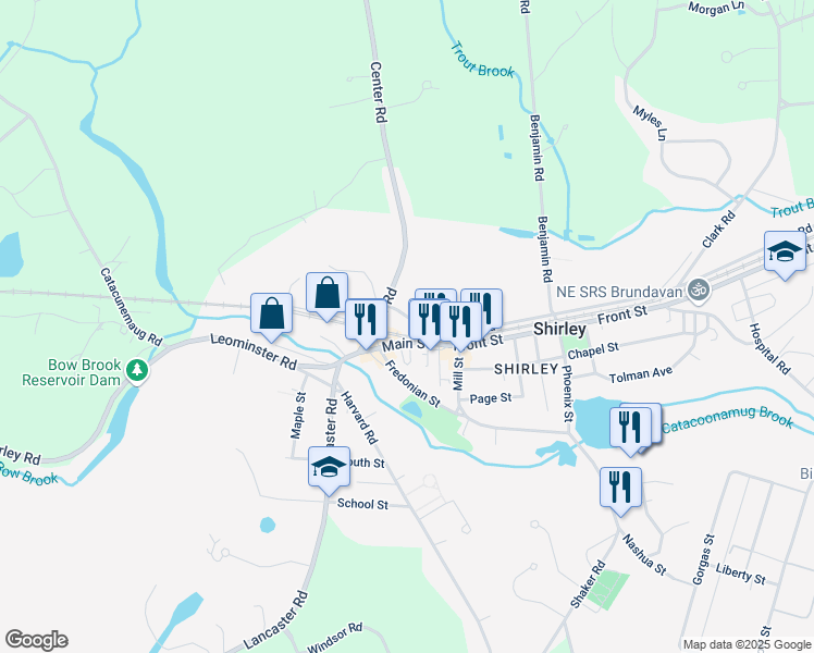 map of restaurants, bars, coffee shops, grocery stores, and more near 25 Main Street in Shirley